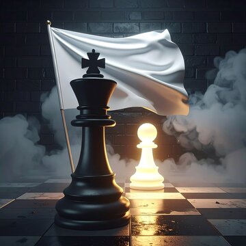 A dramatic chess scene with a large black king piece and a glowing white pawn on a board