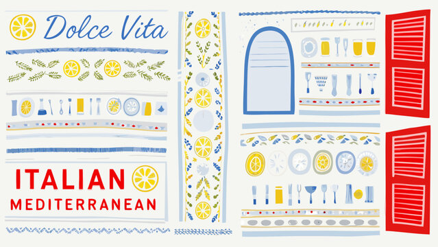 Italian mediterranean floral ornament with citrus fruit and striped patterns watercolor style pattern lemon orange