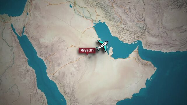 Airplane Route Riyadh to Tokyo Animation on Topographic Map Background