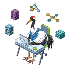 Obraz premium Crane Working on Computer.