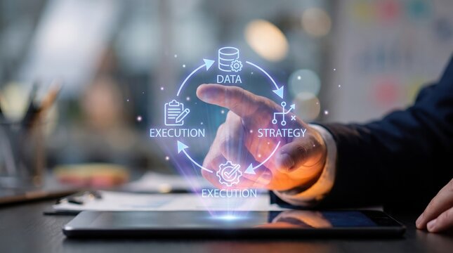 2D Holographic CRM Workflow Network Glow from Professional Hand Over Tablet, Data Strategy Execution Cycle, Digital Business Technology Concept, Innovation and Customer Relationship Management