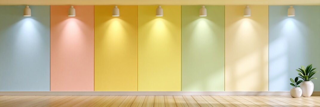 Modern interior with pastel colored walls, wooden floor, and spotlights, minimalist design