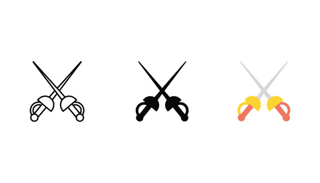 Fencing swords crossing icon set featuring foil sabre and epee in linear solid and flat color vector styles for sports and martial arts