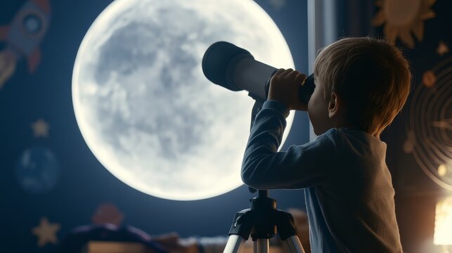 Curious boy using telescope in bedroom at night exploring moon surface and galaxy with stars, planets, rocket decorations, inspiring childhood astronomy, space discovery and stargazing dreams