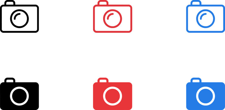 Six camera icons in black red and blue on white background