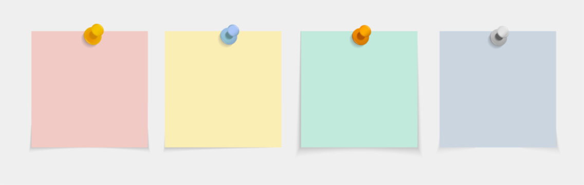 Colorful blank sticky note paper reminder with shadow and push pins. Vector design element reminders, memo, sheet isolated on transparent background. 