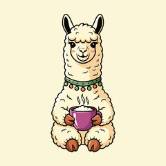Fototapeta premium Cute Llama Holding Coffee Mug.