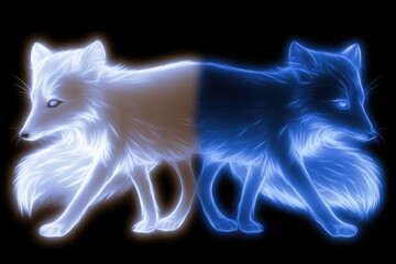 Fototapeta premium Two arctic fox forms stand side by side showing winter coat in white and summer coat in blue with a glowing effect on a dark background.