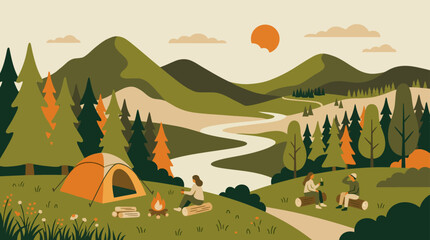 Mountain camping scene with tent and campfire. © sye