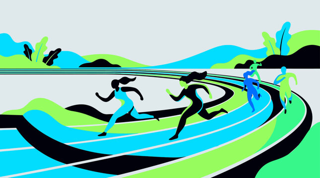 Athletes racing on professional running track in nature