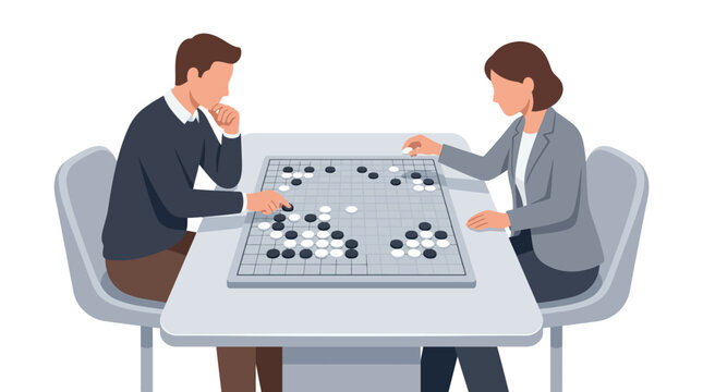 Professional business man and woman playing Go board game for strategic competition flat vector illustration