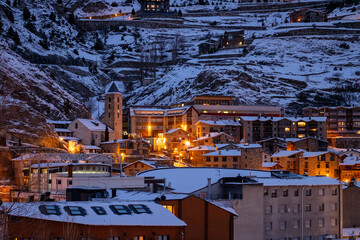 Fototapeta premium Canillo Andorra winter twilight landscape with scenic snowy Pyrenees village