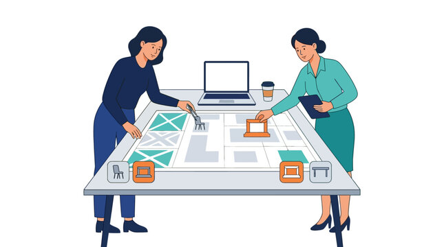 Professional women event planners arranging furniture layout on floor plan map flat design vector illustration.