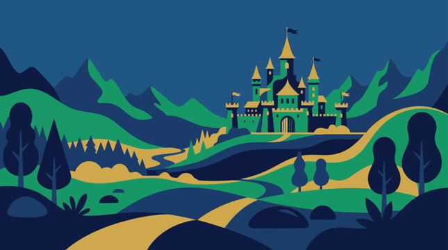 Minimalist fantasy castle landscape with rolling green hills.