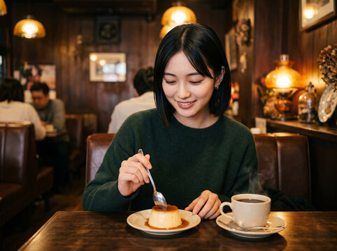 昭和レトロなカフェでプリンにスプーンを入れる女性