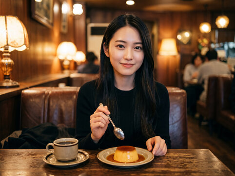 昭和な雰囲気の喫茶店でプリンを楽しむ女性