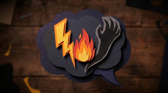 Paper craft speech bubble with layered lightning bolt, flame and claw symbols hanging against wooden background evoking dramatic conflict, energy and danger in handcrafted scene