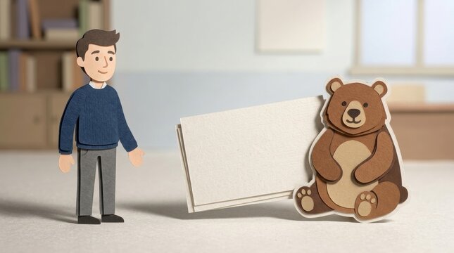 Paper cutout man standing beside blank card and plush bear sitting on tabletop, warm soft light and cozy interior mood
