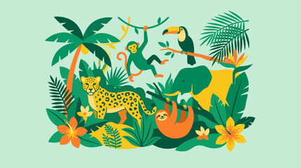 Colorful jungle wildlife with cheetah sloth monkey and toucan. © sye