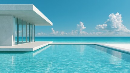 Obraz premium Minimalist white villa exterior with infinity pool.