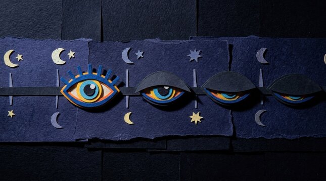 Nighttime paper collage with stylized eye motifs and crescent moon shapes creating mystical horizontal composition under low blue light, evoking wonder and quiet surreal mood