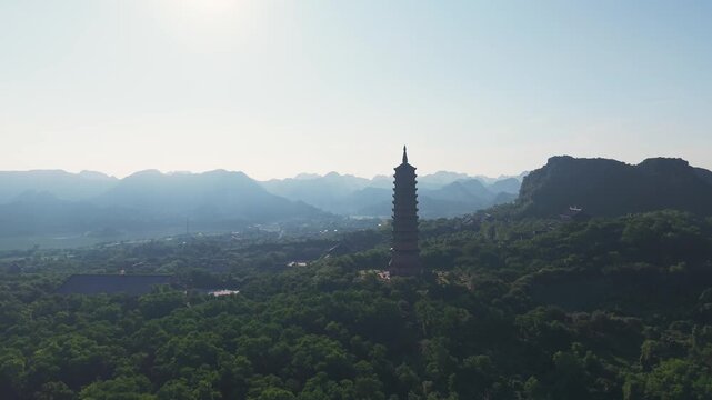Aerial morning view of Bai Dinh pagoda and mountains in Ninh Binh province, Vietnam