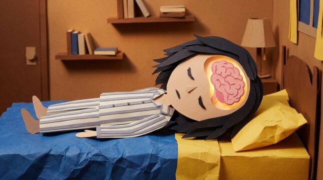 Paper craft illustration of person sleeping with exposed brain cutaway showing dreaming and mind activity, cozy bedroom scene with soft lighting and handmade details