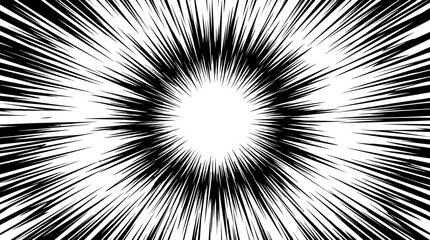 Fototapeta premium Black and white radial speed lines background with comic manga style explosion effect, perfect for action poster design, superhero comic book illustration and motion graphic background