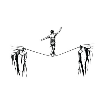 Person Walking on Tightrope Between Cliffs.
