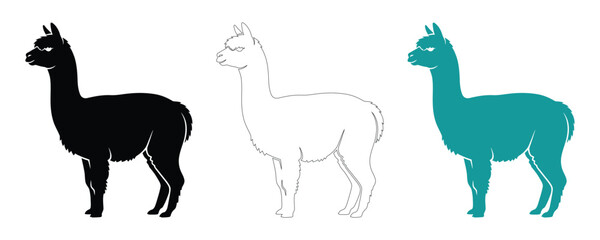 Fototapeta premium Llama silhouettes black outline and teal variations for graphic design projects