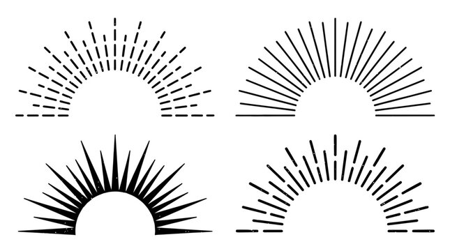 Set of four vintage sunburst half-circle icons with distressed texture on white background, perfect for logo design, retro branding and creative illustration projects
