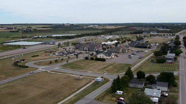 Panoramic aerial shot of Borden-Carleton coastal village, a rural tourism destination in Prince Edward Island Canada
