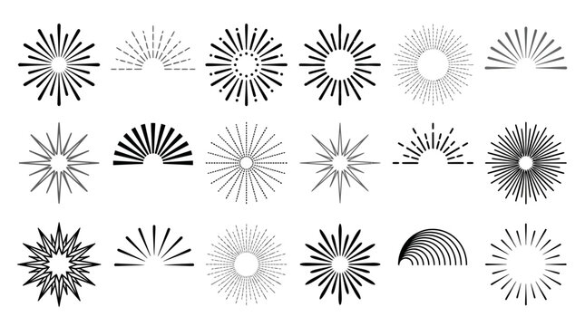 Set of various black sunburst and starburst vector icons with different line styles and shapes on white background, perfect for logo design, vintage branding and decorative graphic elements