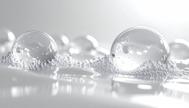Clear glass bubbles on reflective surface.