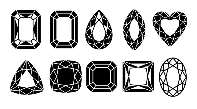 Collection of black diamond and gemstone cut shapes including heart, pear, oval and emerald silhouettes on a white background, perfect for jewelry branding, logo design and luxury fashion graphics