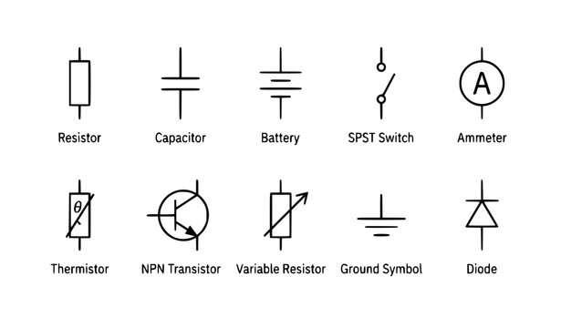 Electronic circuit symbols, schematic components, electrical engineering parts set.