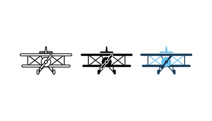 Set of three vintage airplane icons in outline solid and colored vector styles for aviation design projects © Pure