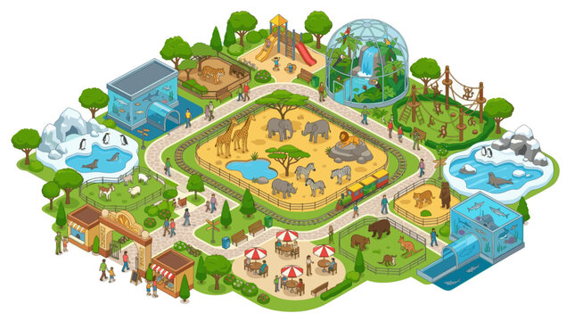 Zoo Park Animals and Visitors in Colorful Isometric Vector Style