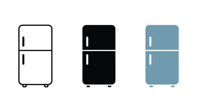 Refrigerator icon set featuring modern fridge unit in outline silhouette and flat color styles for kitchen appliances and home design graphics