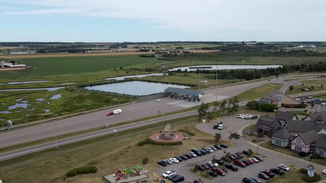 General view of the Canadian coastal town of Borden-Carleton, a rural tourism destination in Prince Edward Island, aerial view