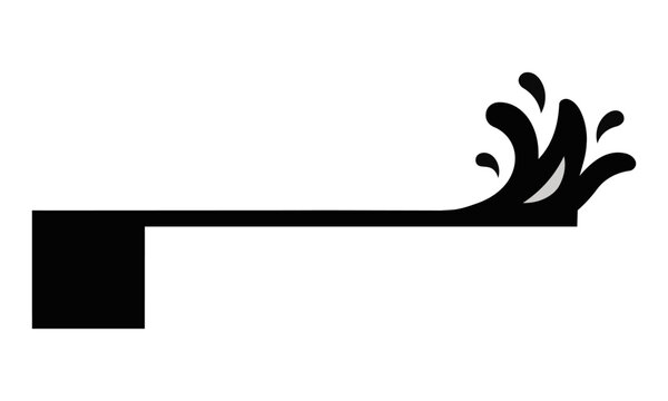 Minimalist side profile of a diving board with a stylized water splash on a white background. Sports and recreation icon