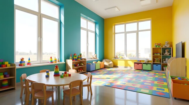 Colorful Modern Kindergarten Classroom Interior with Bright Blue and Yellow Walls, Wooden Furniture and Playful Rug