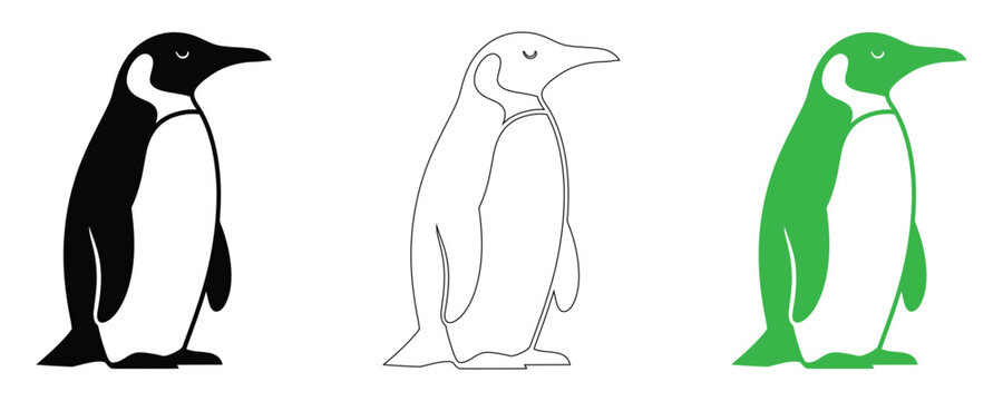 Penguin trio black outline and green vector illustrations for design projects
