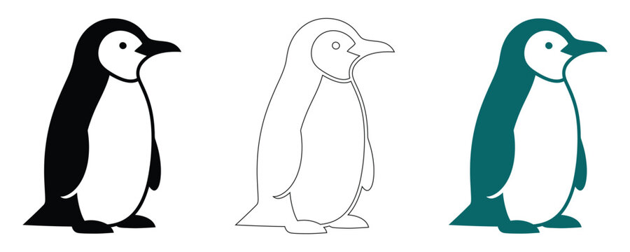 Penguin trio black silhouette line art teal color variations vector illustration