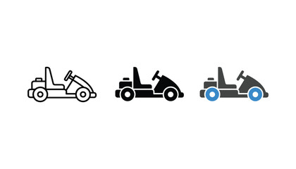 Golf cart icons in outline solid and blue color variations for sports and recreation facility branding isolated on white background © Pure