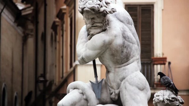 Historical Roman Monument Close Up with Pigeon Sitting on Marble Figure - 4K