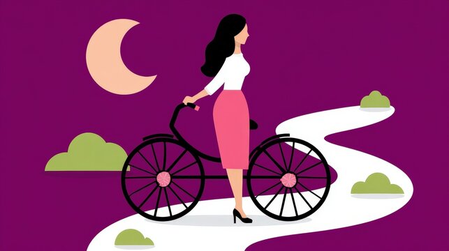Woman Standing with Bicycle on a Night Path under Moon and Clouds Illustration