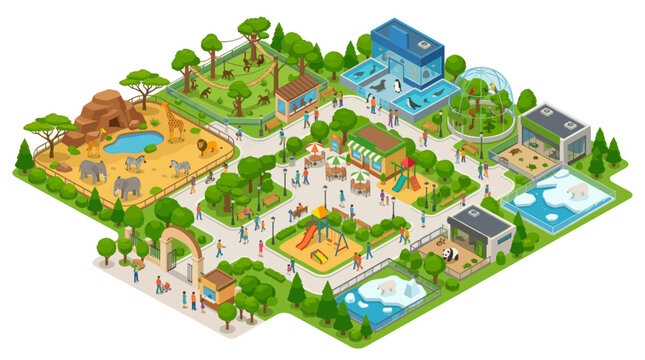 Zoo Park Animals and Visitors in Colorful Isometric Vector Style
