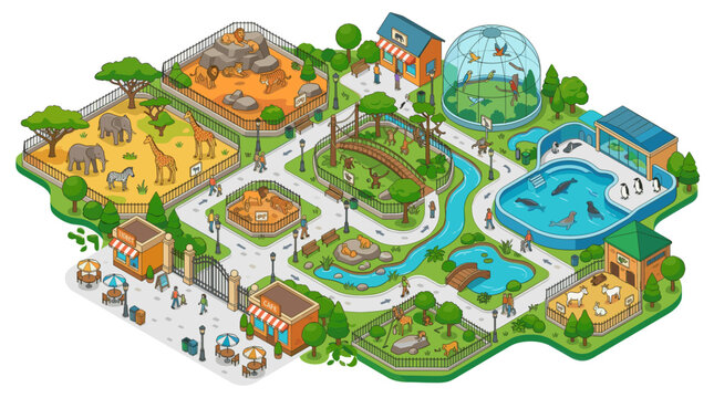 Zoo Park Animals and Visitors in Colorful Isometric Vector Style