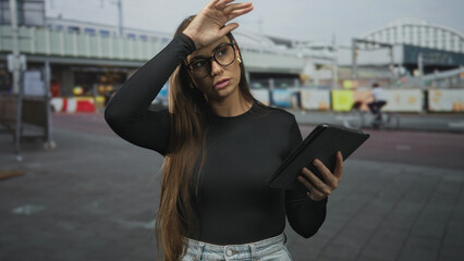 Woman taps tablet with finger on street outside a train station, holding the device and later rubbing her forehead  frustration commute. © Krakenimages.com